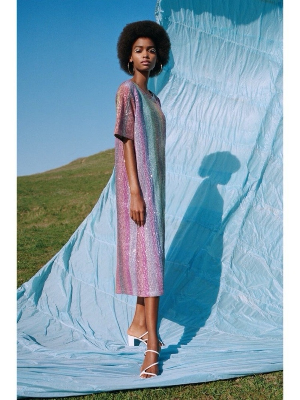 Zara Sz M Rainbow Stripe Sparkly Sequin Midi Dress Bloggers Fav Festival Disco - Picture 4 of 13